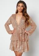 John Zack Sequin Deep V Ruffle Skater Dress Rose Gold XXS (UK6)