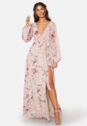 Goddiva Floral Long Sleeve Chiffon Maxi Dress Latte L (UK14)