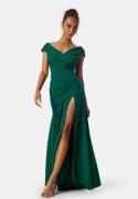 Goddiva Bardot Pleat Maxi Split Dress Emerald S (UK10)