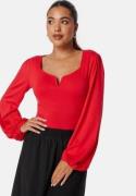 BUBBLEROOM Square V-neck Long Sleeve Puff Top Red S