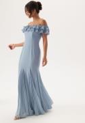 Goddiva Frilly Chiffon Off Shoulder Maxi Dress Dusky Blue L (UK14)