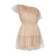 Gucci Enaxlad Tylldress med Ruffle Detaljer Beige, Dam