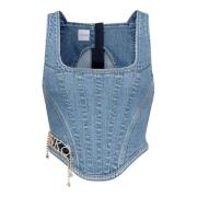 Pinko Denim Bustier Top med Rhinestone Logo Blue, Dam