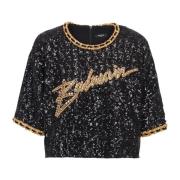 Balmain Cropped T-shirt with sequin embroidery Black, Dam