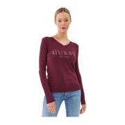 Guess Slim Fit V-Hals Tröja med Strass Logo Brown, Dam