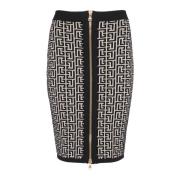 Balmain Midilång stickad kjol med monogram Black, Dam