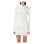 Balmain Vit Stickad Tröja med Guldtonade Knappar White, Dam