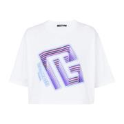 Balmain Cropped T-shirt med neonfärgad labyrintlogga White, Dam