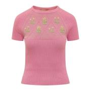 Cormio Blommor Broderade Crew Neck T-Shirt Pink, Dam