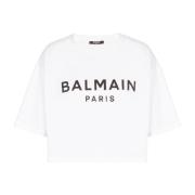 Balmain Ekologiskt ansvarig kortärmad bomullst-shirt med logotryck Whi...