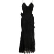 Alessandra Rich Svart spetsklänning med ruffles och sidoinlägg Black, ...