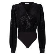 MVP wardrobe Velvet Sequin Bodysuit med Ruffled Sleeves Black, Dam