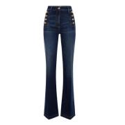 Elisabetta Franchi Stretch Denim Palazzo Byxor med Sidoknappar Blue, D...