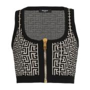 Balmain Stickad crop top med monogram Black, Dam