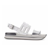 Hogan Vit Lädersandal med Metalliska Insatser Gray, Dam