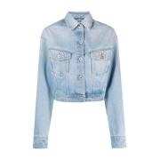 Off White Kort Denimjacka i Blekt Blått Blue, Dam