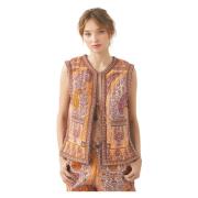 Antik Batik Blocktryck Bomull Ärmlös Gilet Orange, Dam