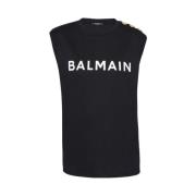 Balmain Snygg Logo Print Ärmlös Topp Black, Dam