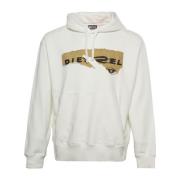 Diesel Grafisk Print Hoodie White, Herr