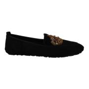 Dolce & Gabbana Elegant Svart Läder Loafer Slides med Guld Broderi Bla...