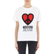 Moschino Vit Rund Hals Tryckt T-shirt White, Dam