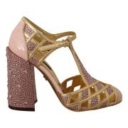 Dolce & Gabbana Rosa Guld Kristall T-Rem Pumps Pink, Dam