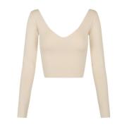 Cortana Silke V-ringad Långärmad Crop Top Beige, Dam