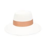 Borsalino Strå Bred Kulle Logotyp Tryck Hatt Beige, Dam