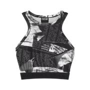 Versace Jeans Couture Tidningsmönster Ärmlös Crop Top Black, Dam