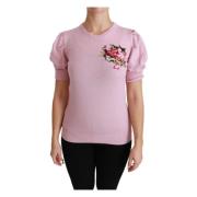 Dolce & Gabbana Rosa Blommig Ullbroderad Blus Topp Pink, Dam