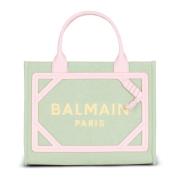 Balmain Liten canvas och läder toteväska Green, Dam