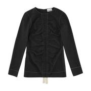 Ganni Ruched Jacquard Blus Black, Dam