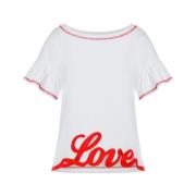 Moschino Rynkad Ärm Logo T-shirt Bomull Broderi White, Dam