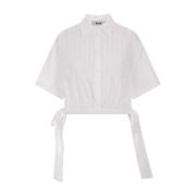 Msgm Vit Seersucker Crop Skjorta Klassisk Krage White, Dam