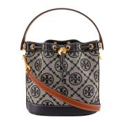 Tory Burch Canvas Bucket Väska med Broderad Logotyp Blue, Dam