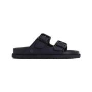 Birkenstock Svarta Läder Arizona Sliders för Män Black, Herr