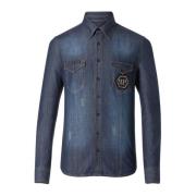 Philipp Plein Denim Skjorta - Figursydd, Spetsig Krage, Långa ärmar Bl...