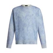 Etro Blå Ull Crew-Neck Tröja med Paisley Blue, Herr