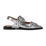 Ganni Metallic Spänne Ballerina Flats Gray, Dam