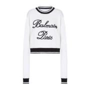 Balmain Stickad Crew Neck Tröja Broderad Logotyp White, Dam