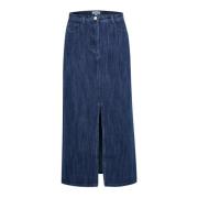 Soaked in Luxury Klassisk Denimkjol med Framslits Blue, Dam