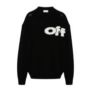 Off White Ullblandad Stickad Tröja Rund Hals Black, Herr