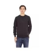 Baldinini Grå Tyg Crewneck Sweater med Metall Monogram Gray, Herr