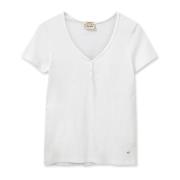 MOS MOSH Basic Tee Top med V-ringning och knappar White, Dam