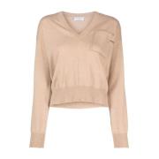 Brunello Cucinelli Stilfull Stickad Topp Beige, Dam