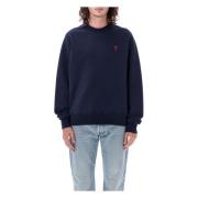 Ami Paris Marinblått Stickat Aw23, Ekologisk Bomull Crewneck Blue, Her...