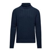 BomBoogie Varm Bomull Cable Stickad Mock Neck Tröja Blue, Herr