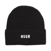 Msgm Svart Ribbstickad Mössa med Logotyp Black, Dam