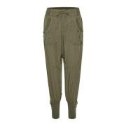 Cream Khaki Elastisk Midja Byxor Green, Dam