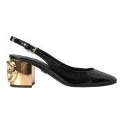 Dolce & Gabbana Svart Guld Läder Prydd Slingback Skor Black, Dam